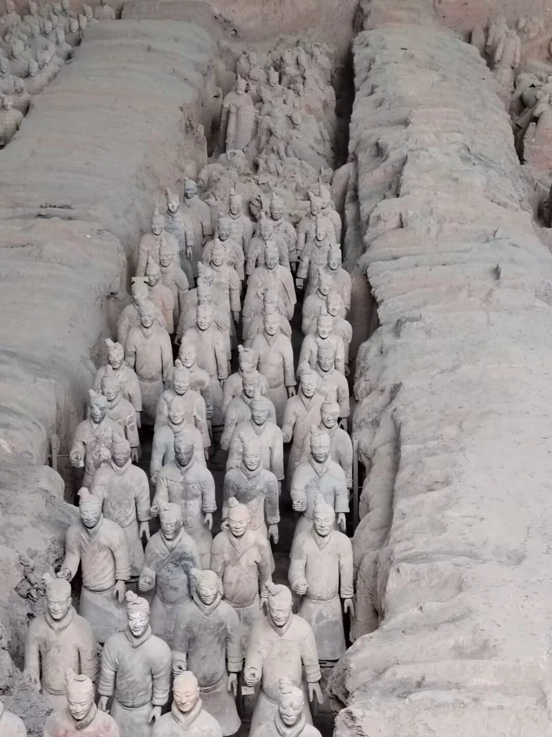 Rows of terracotta warriors standing in an excavation pit